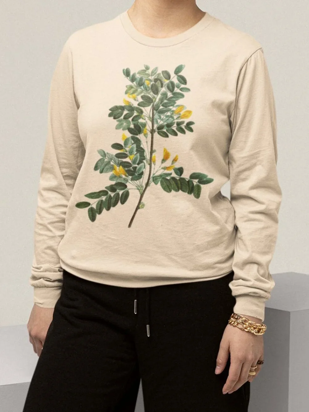 Siberian Peashrub Vintage Floral Print Long Sleeve Graphic Tee T-shirt S-XXL
